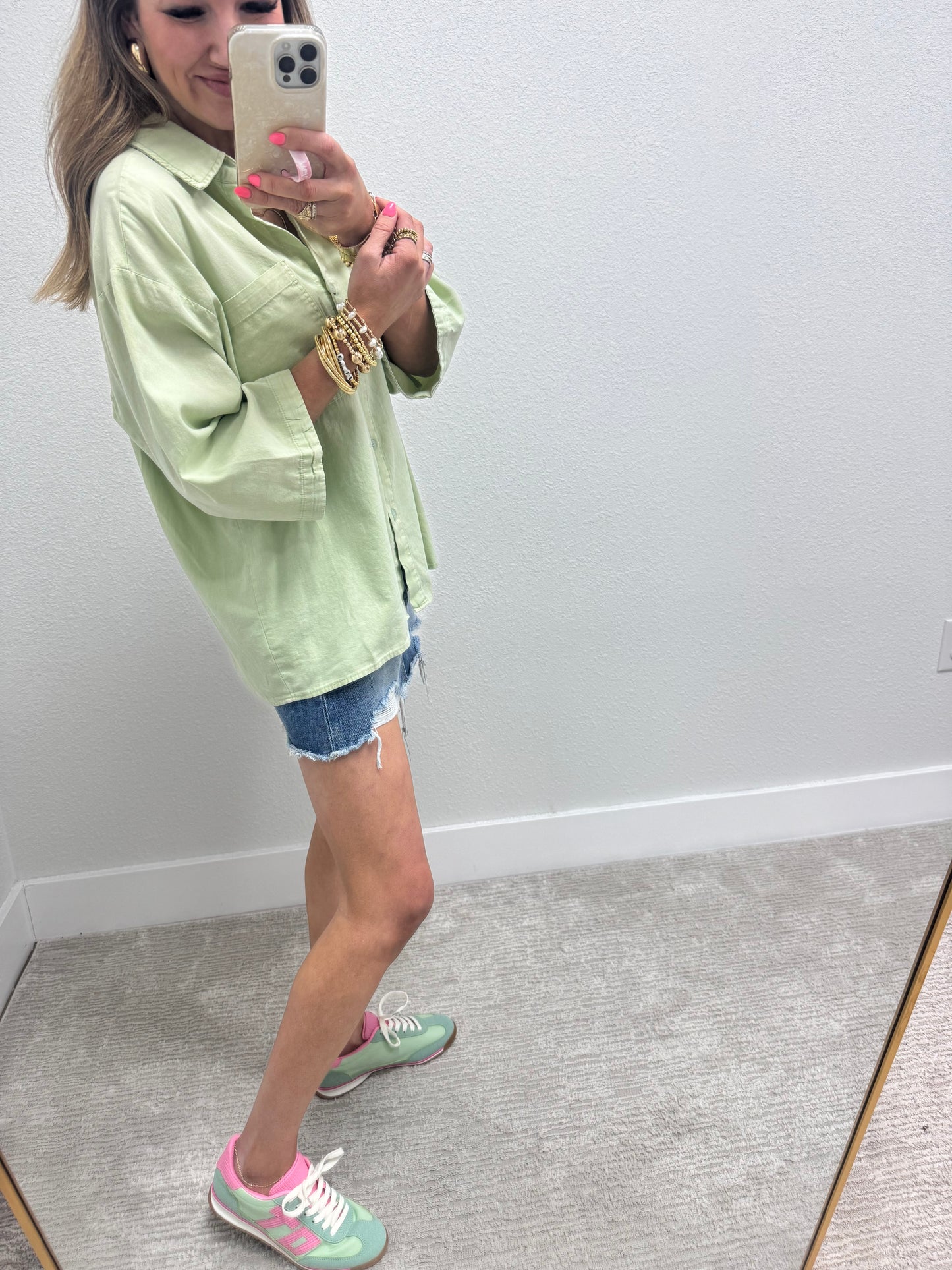 Sage Oversized Half Sleeve Button Top