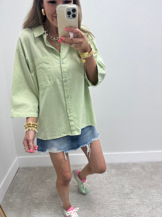 Sage Oversized Half Sleeve Button Top