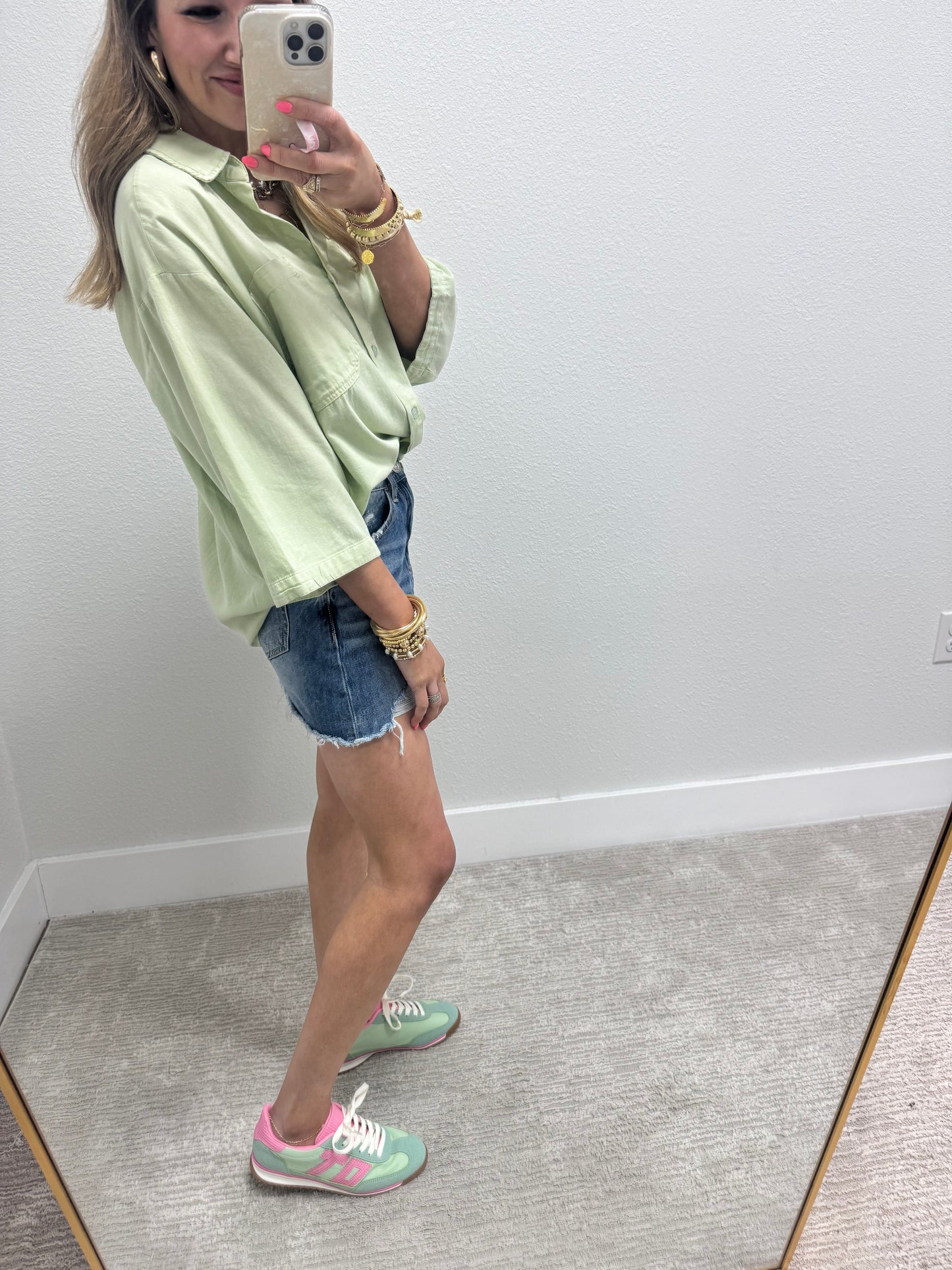 Sage Oversized Half Sleeve Button Top