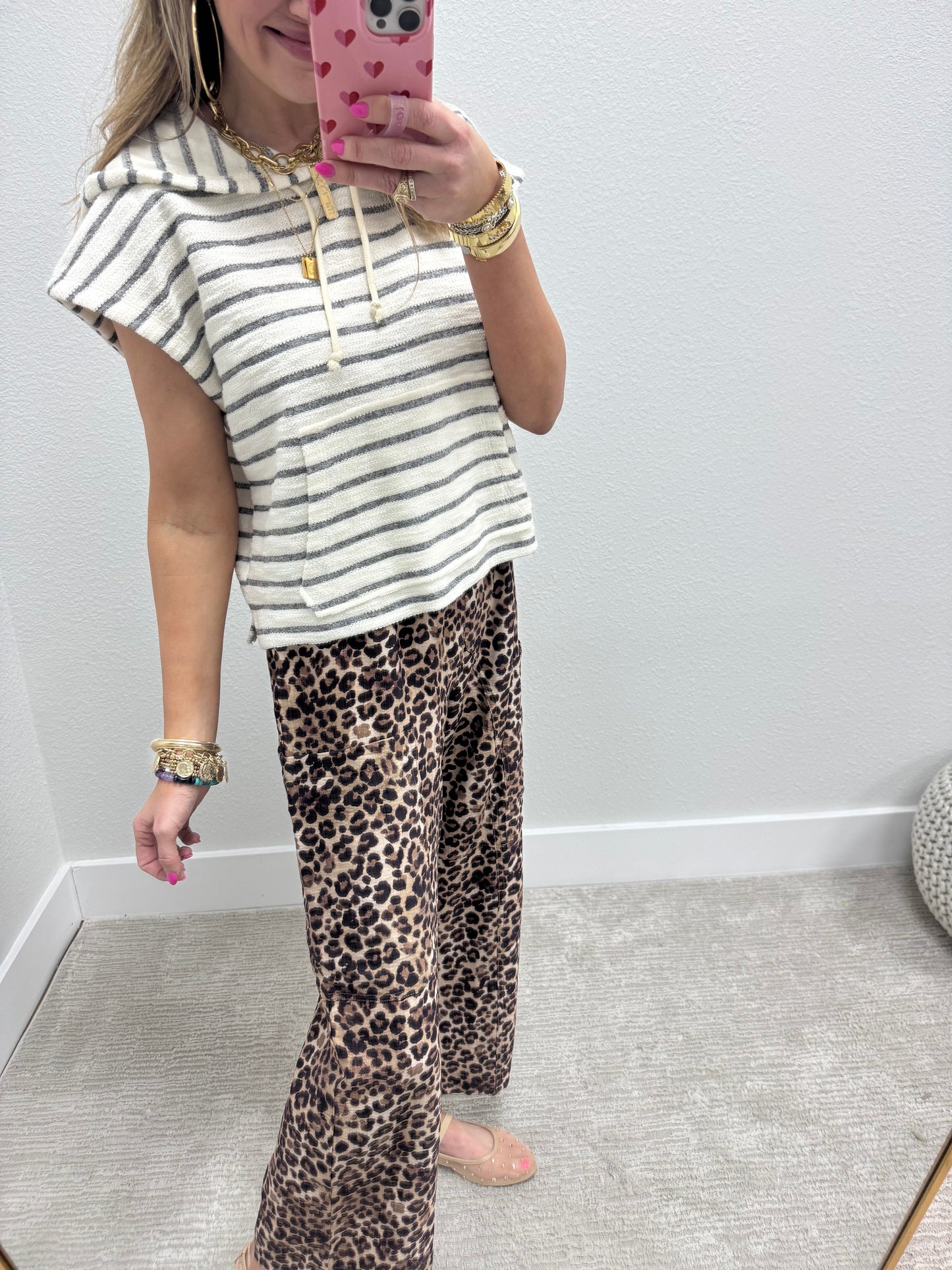Black and Cream French Terry Style Striped Hooded Top