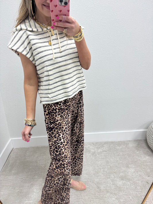 Black and Cream French Terry Style Striped Hooded Top