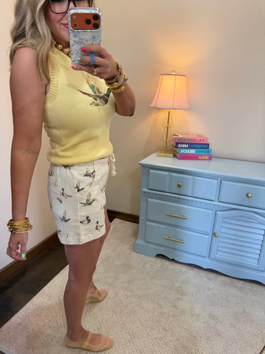 Ivory Mallard Duck Print Drawstring Relaxed Fit Shorts