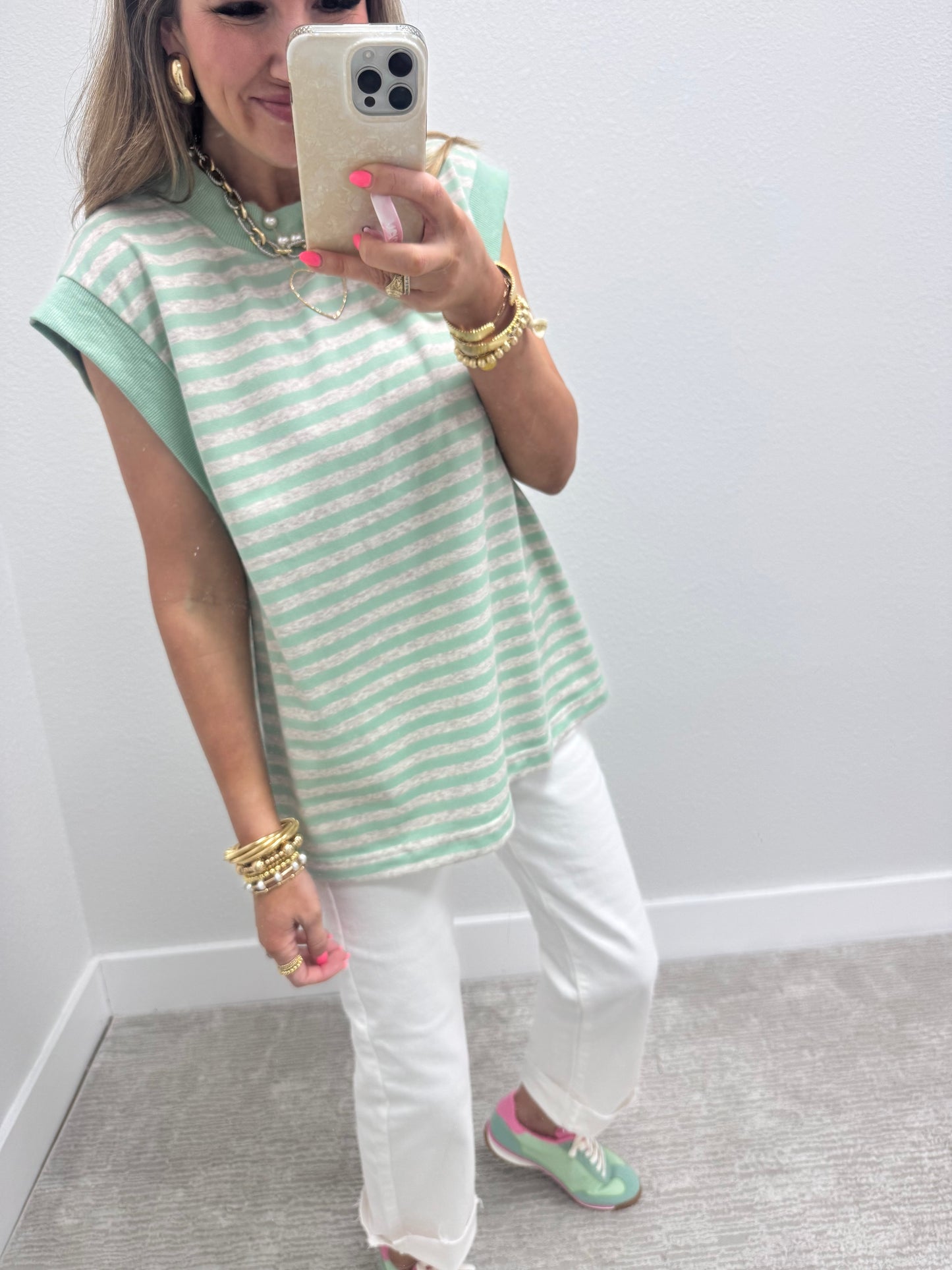 Mint and Grey Striped Cap Sleeve Shirt
