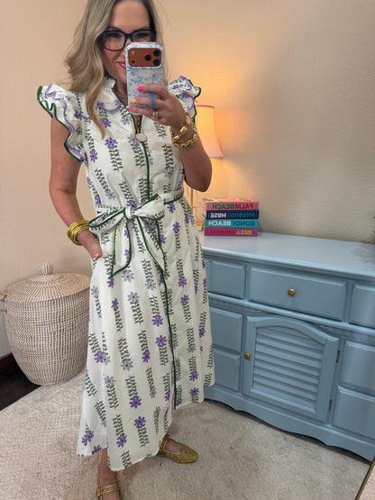 Cream Floral V Neck Ruffle Neck Dress
