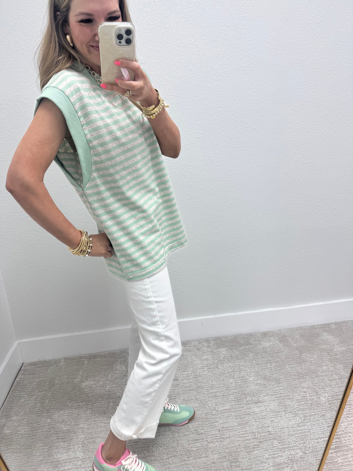 Mint and Grey Striped Cap Sleeve Shirt