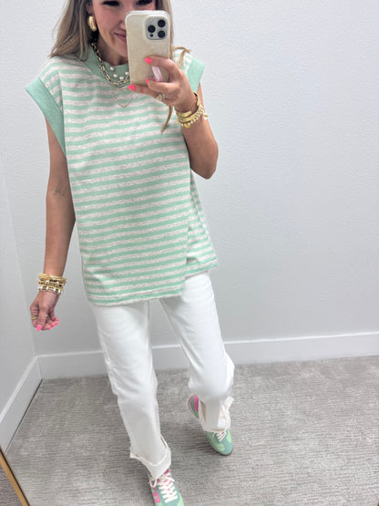 Mint and Grey Striped Cap Sleeve Shirt