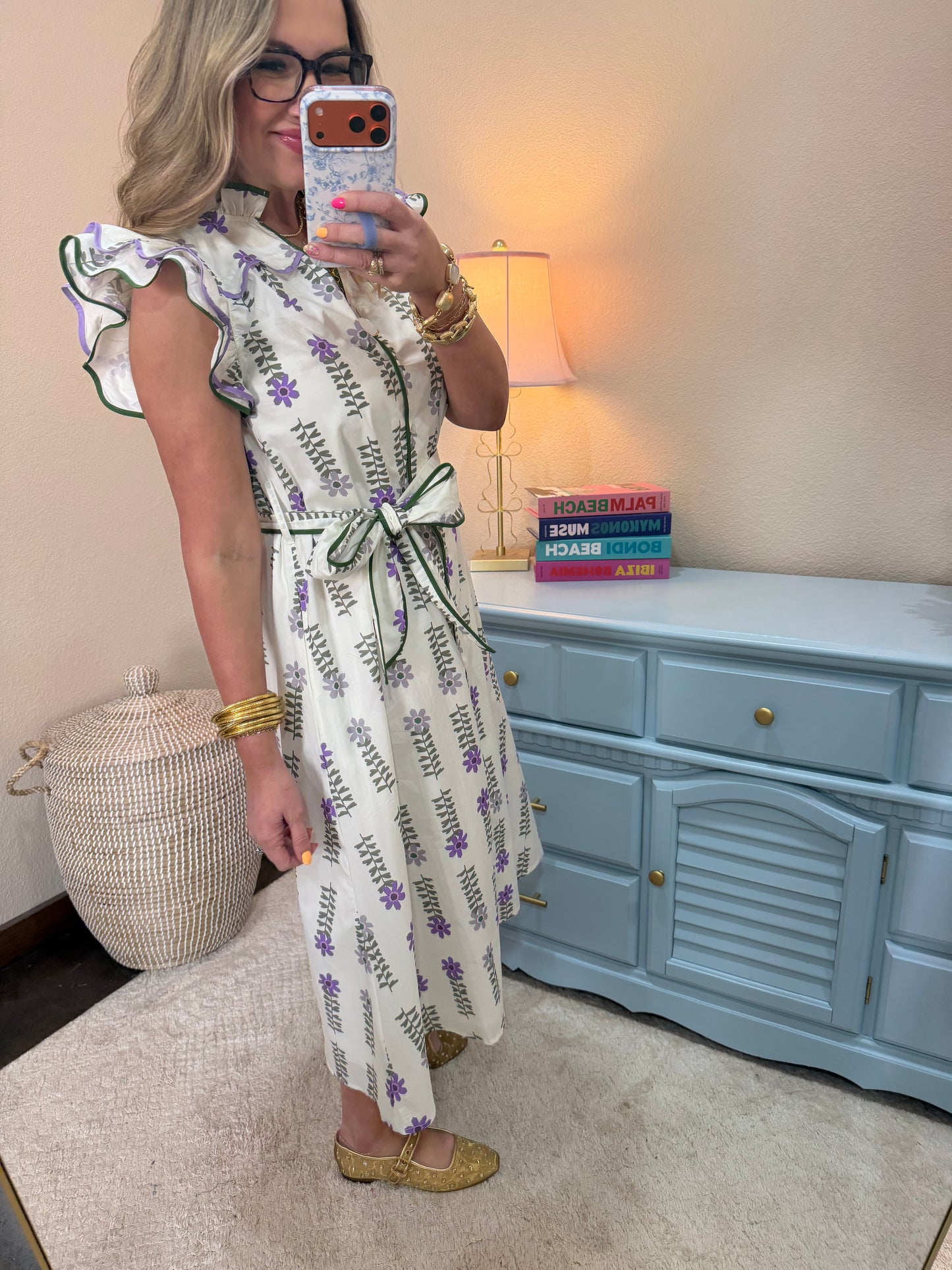 Cream Floral V Neck Ruffle Neck Dress