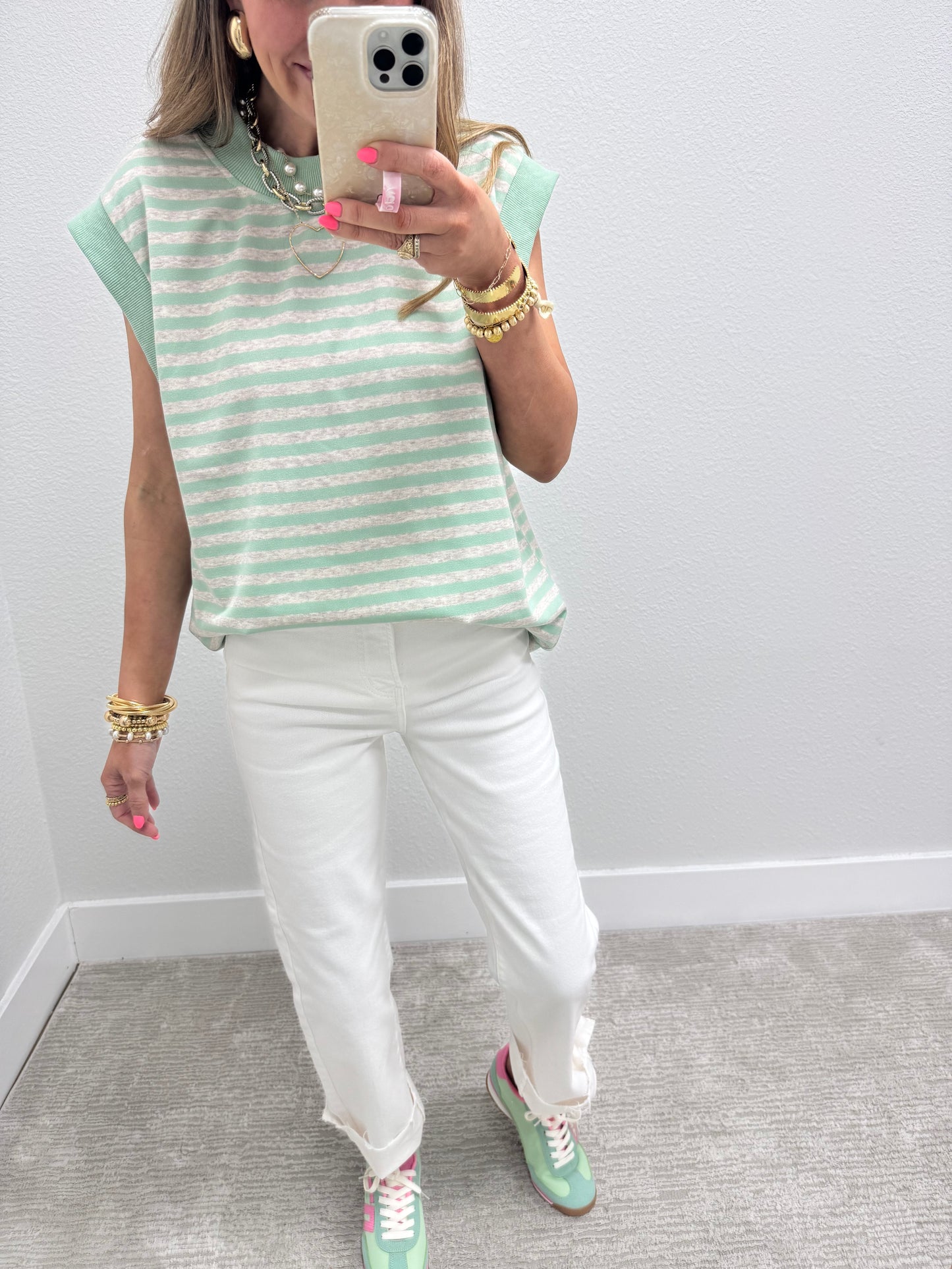 Mint and Grey Striped Cap Sleeve Shirt