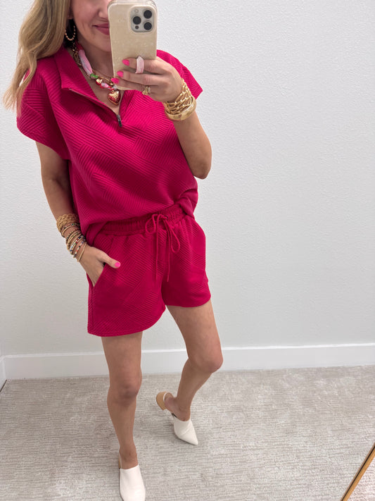 Magenta Textured Half Zip Two Piece Short Set