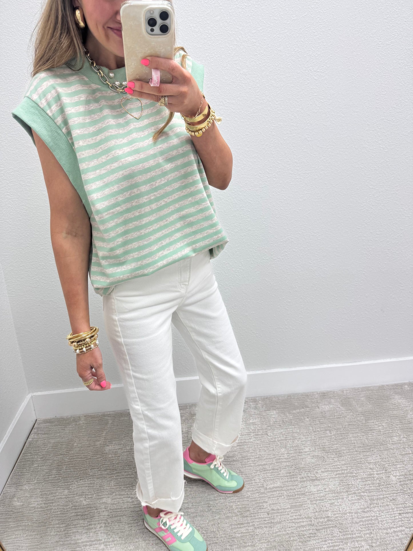 Mint and Grey Striped Cap Sleeve Shirt