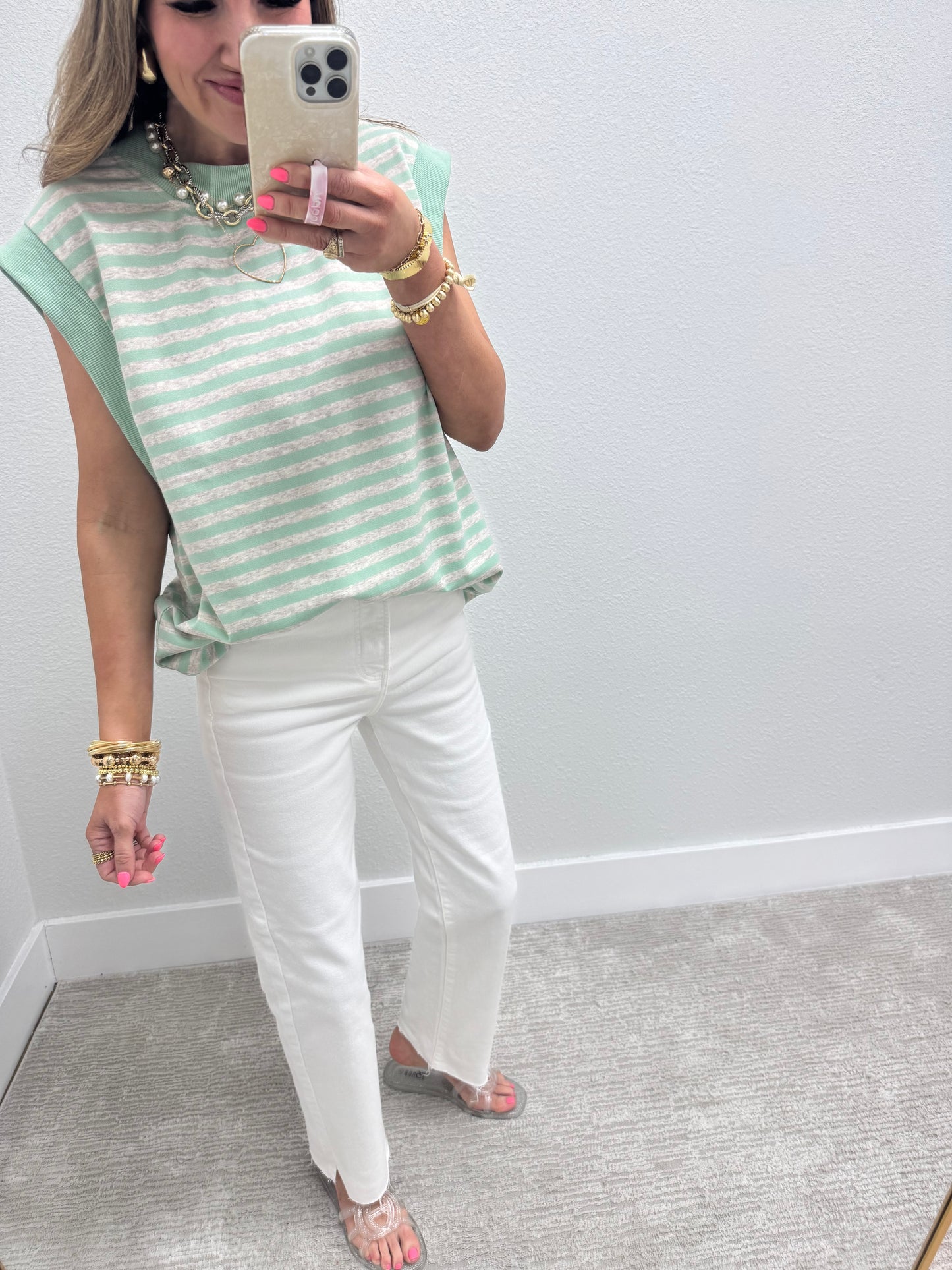 Mint and Grey Striped Cap Sleeve Shirt