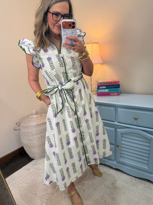 Cream Floral V Neck Ruffle Neck Dress