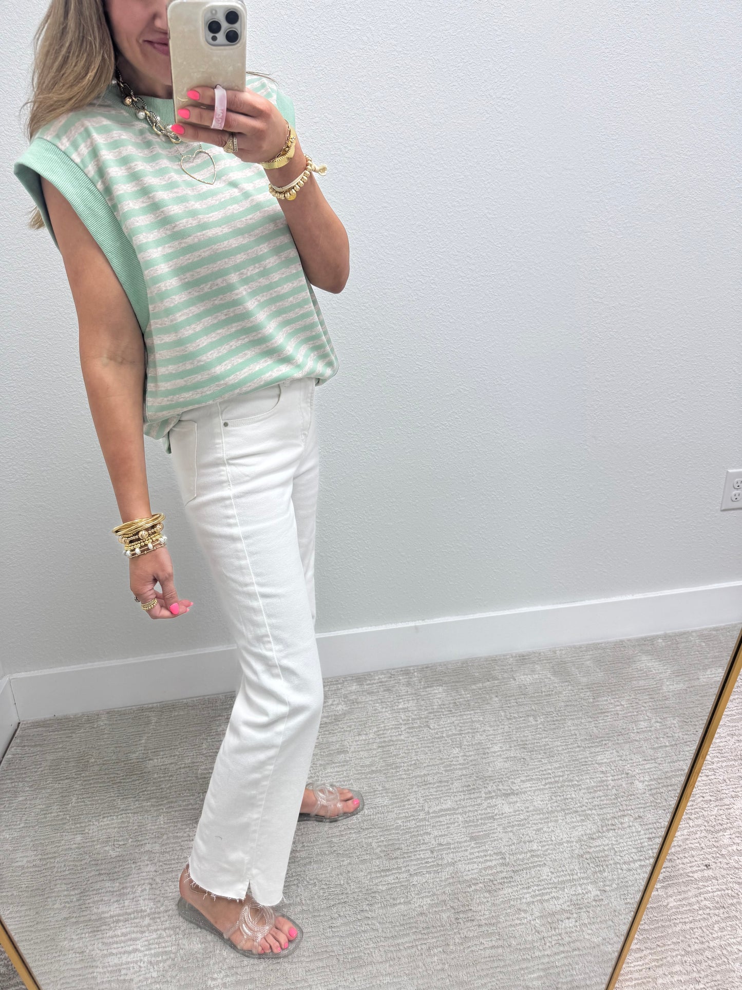 Mint and Grey Striped Cap Sleeve Shirt