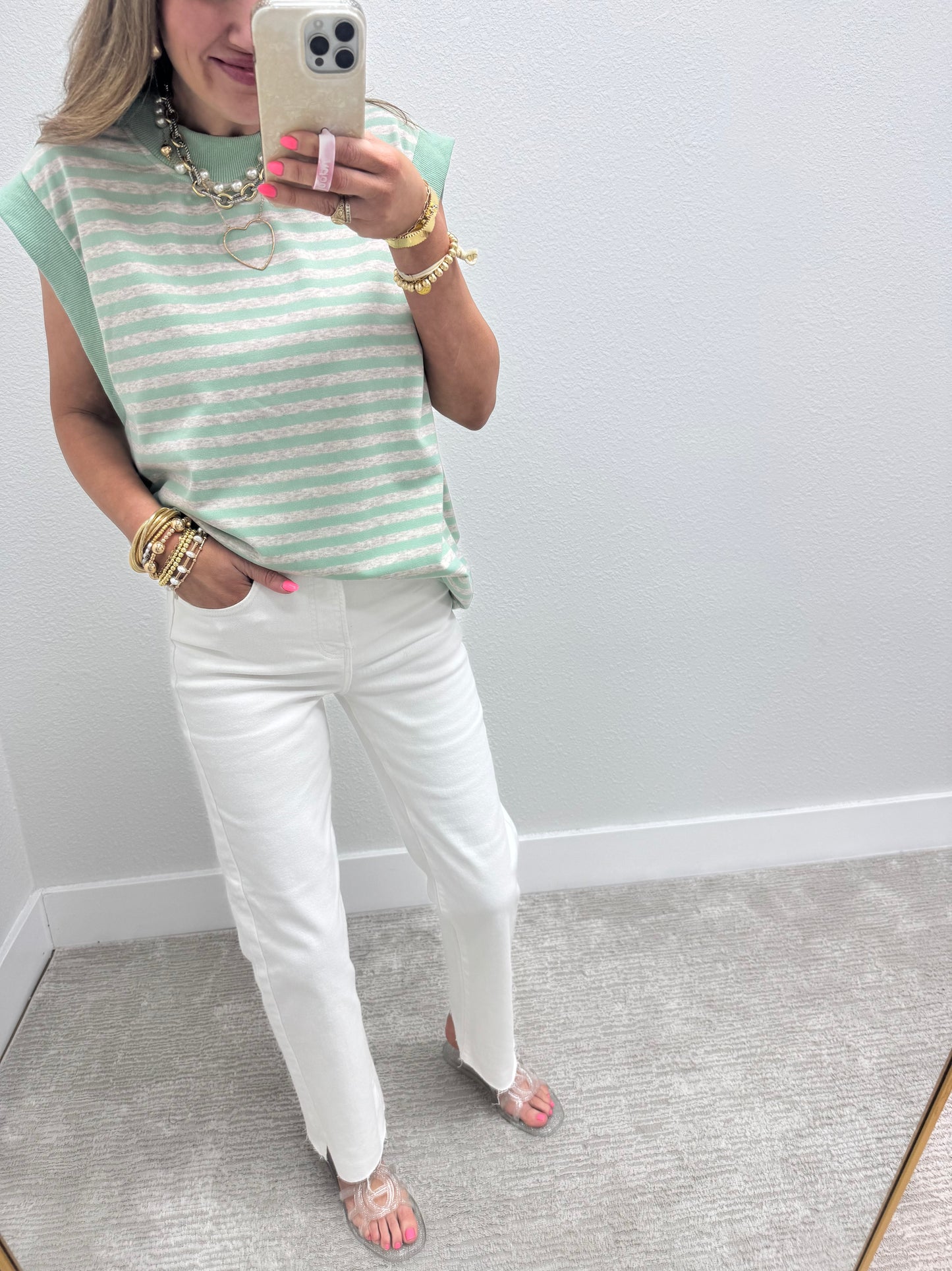 Mint and Grey Striped Cap Sleeve Shirt