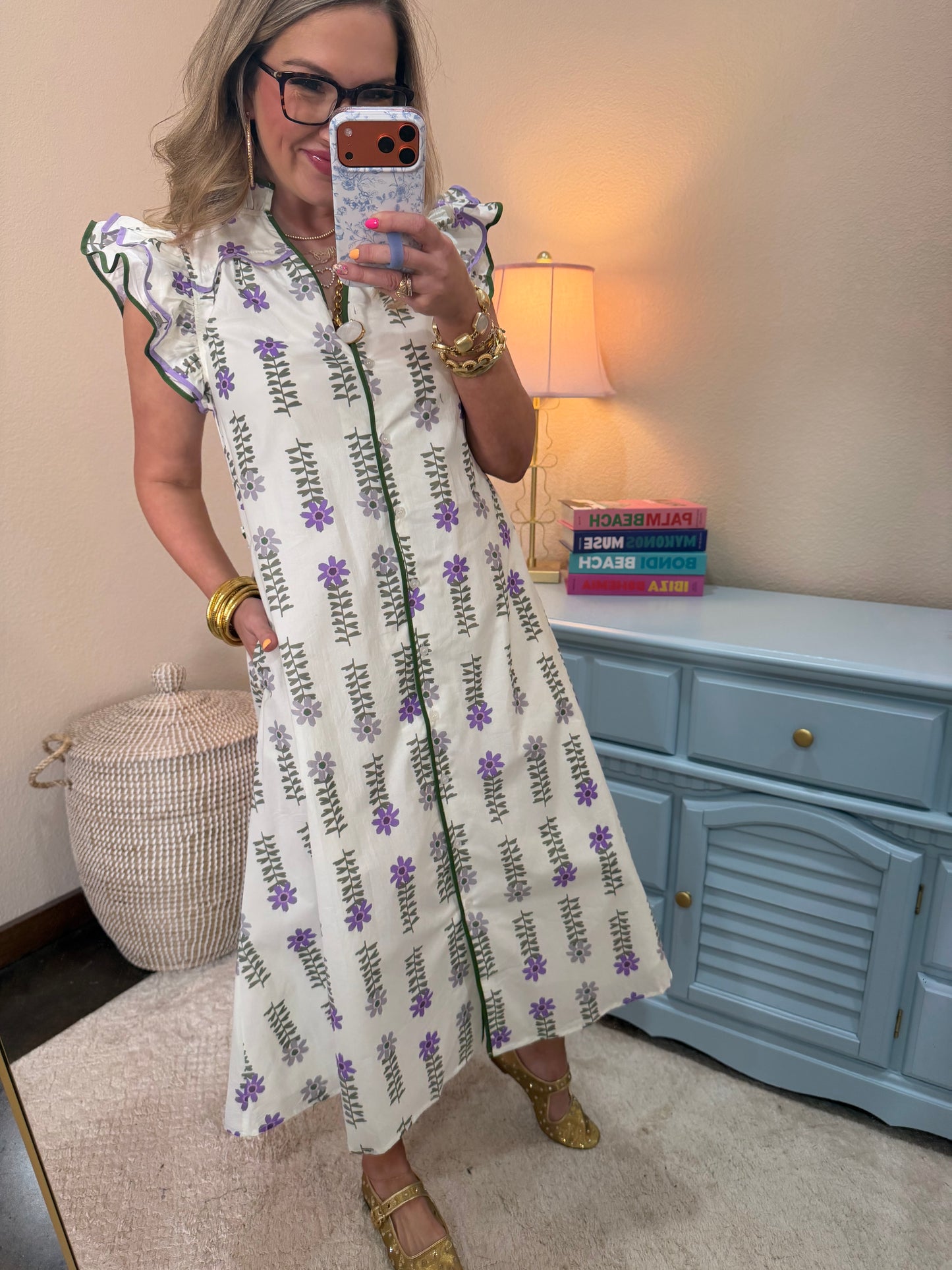 Cream Floral V Neck Ruffle Neck Dress