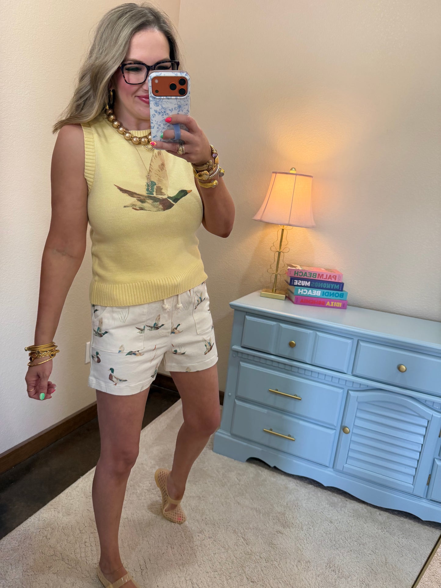 Ivory Mallard Duck Print Drawstring Relaxed Fit Shorts