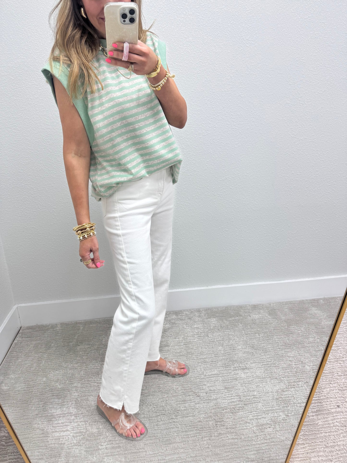 Mint and Grey Striped Cap Sleeve Shirt