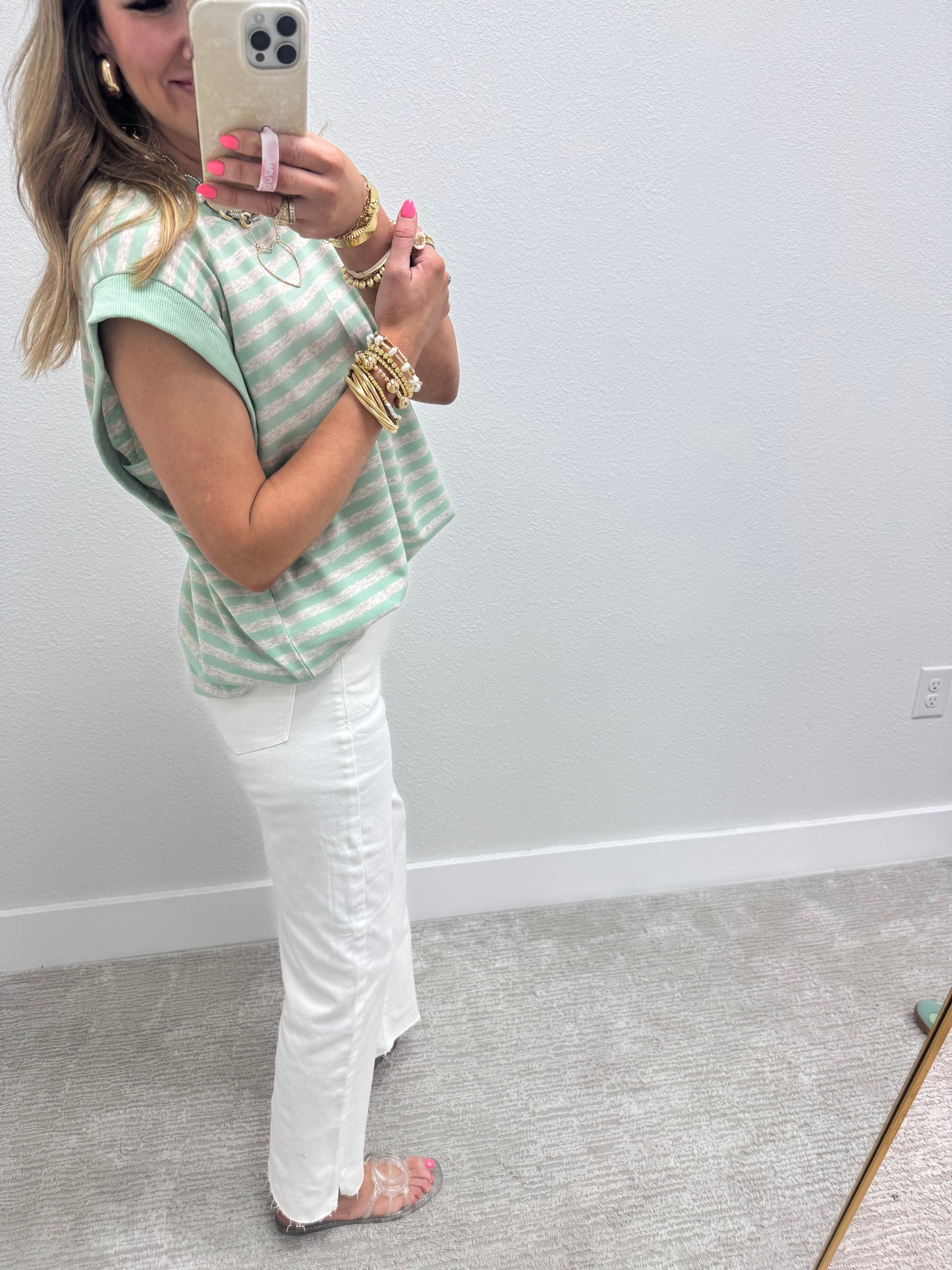 Mint and Grey Striped Cap Sleeve Shirt