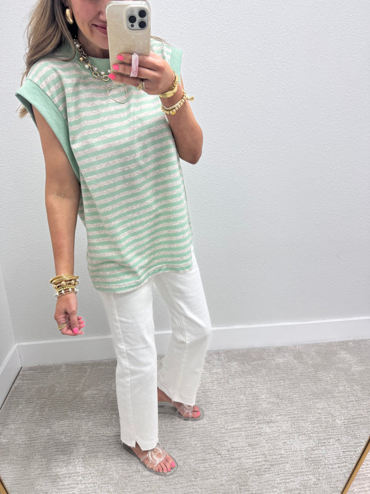 Mint and Grey Striped Cap Sleeve Shirt