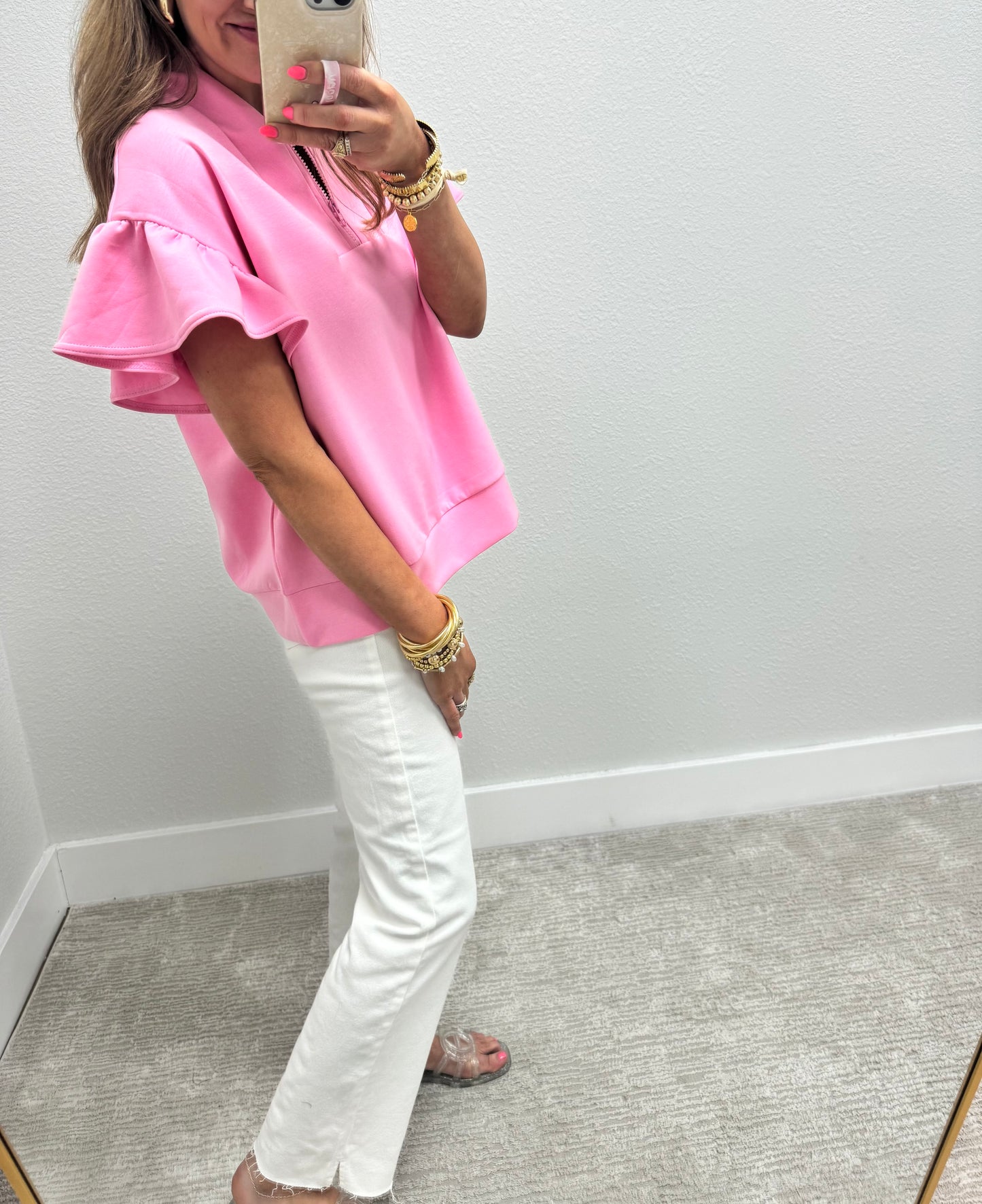 Pink Scuba 1/4 Zip Ruffle Sleeve Top
