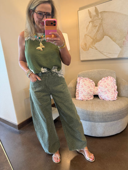 Bayeas Green Leopard Barrel Jeans