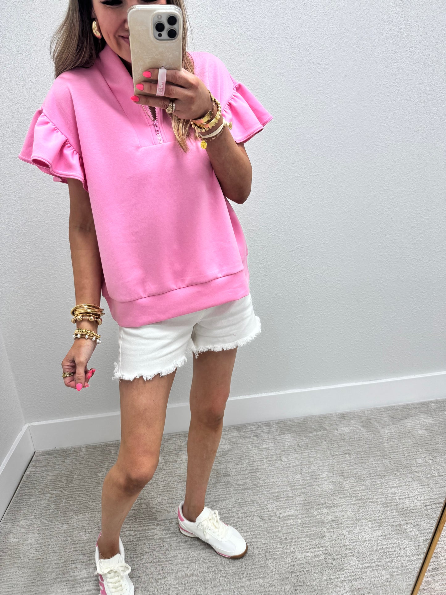 Pink Scuba 1/4 Zip Ruffle Sleeve Top