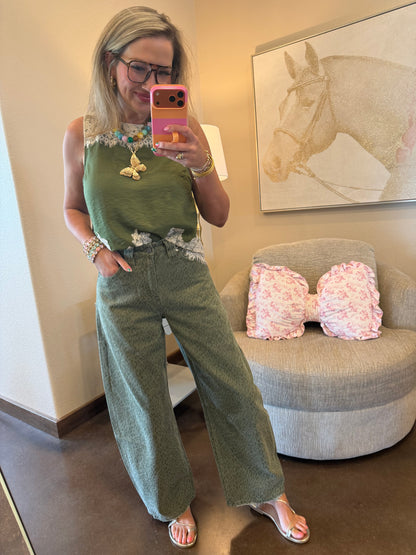 Bayeas Green Leopard Barrel Jeans