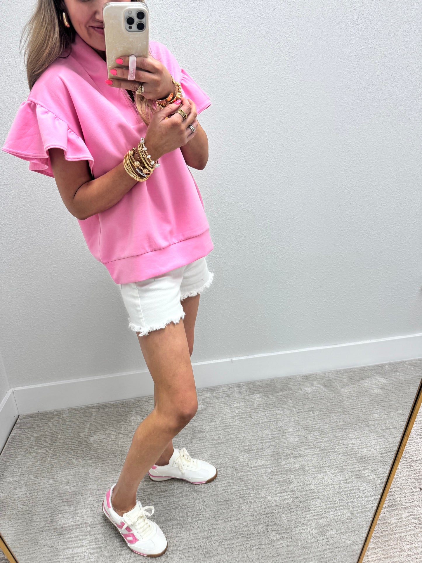 Pink Scuba 1/4 Zip Ruffle Sleeve Top