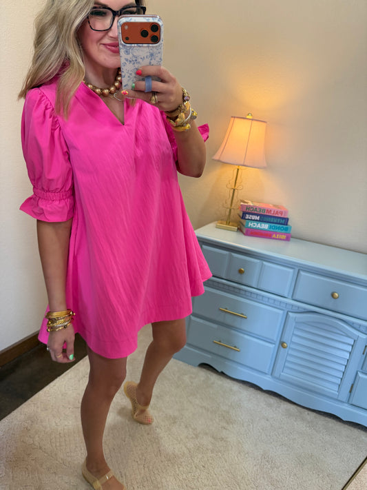 Hot Pink With Ruffle V Neck Puff Sleeve Tie Bow Mini Dress