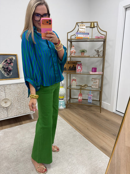 Green & Blue Stripe Oversized Shirt With Balloon Dolman Sleeve