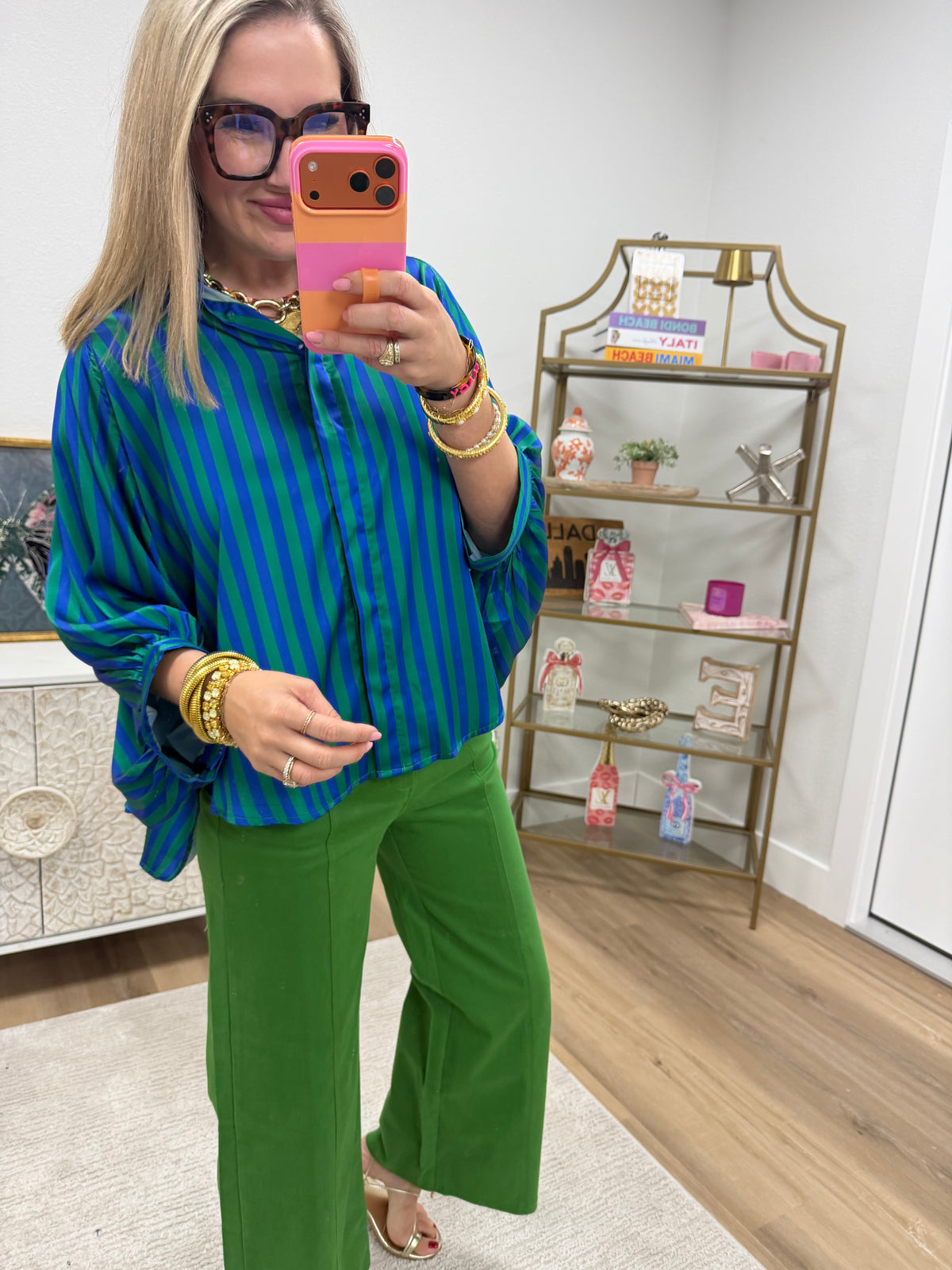 Green & Blue Stripe Oversized Shirt With Balloon Dolman Sleeve