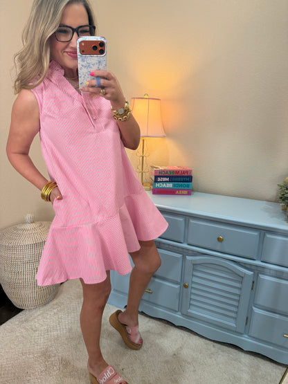 Pink Ruffle Neck Sleeveless Mini Dress