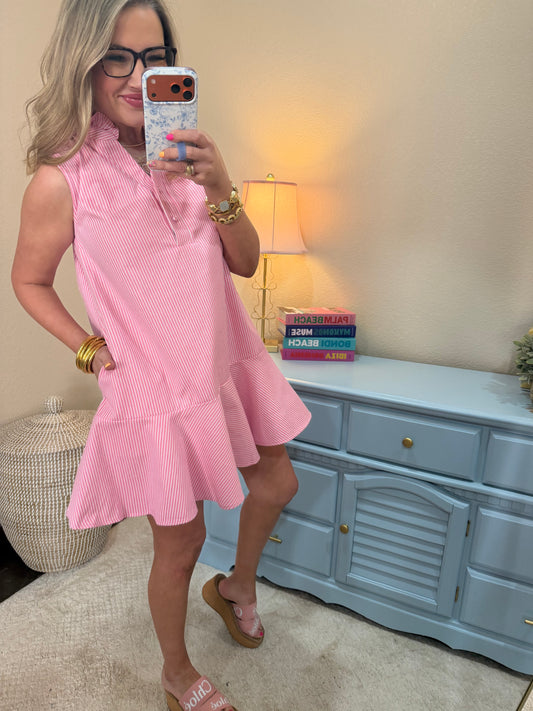 Pink Ruffle Neck Sleeveless Mini Dress