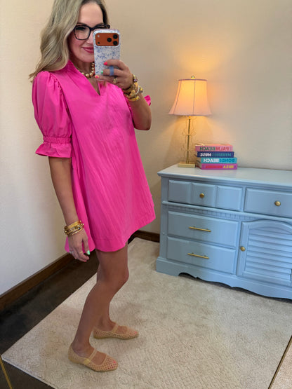 Hot Pink With Ruffle V Neck Puff Sleeve Tie Bow Mini Dress