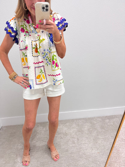 Off White Multi Fruit Garden Printed Top