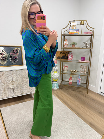Green & Blue Stripe Oversized Shirt With Balloon Dolman Sleeve