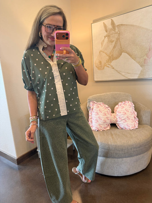 Olive Ruffle Neck Polka Dot Top