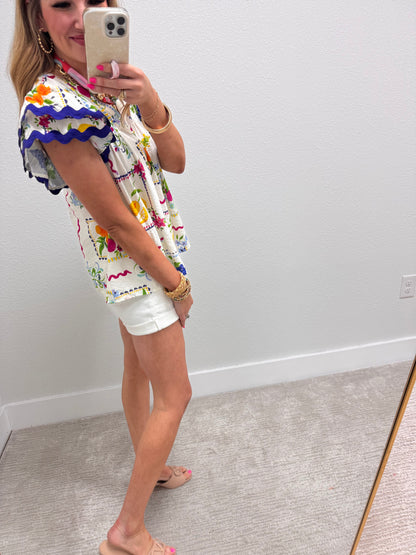 Off White Multi Fruit Garden Printed Top