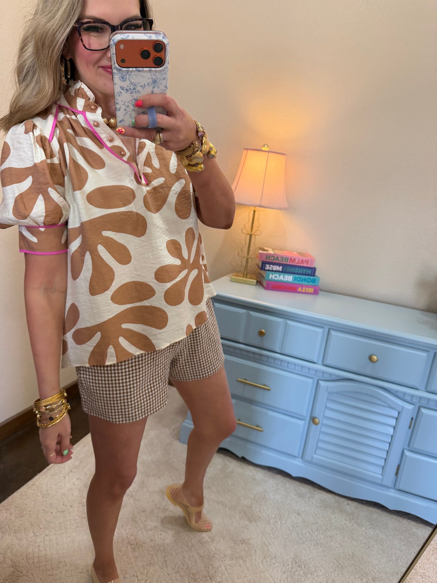 Taupe Contrast Detail Shirt With Ruffle Neck