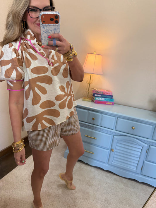 Taupe Contrast Detail Shirt With Ruffle Neck
