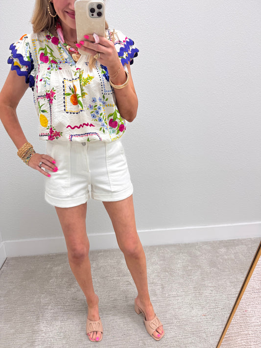 Off White Multi Fruit Garden Printed Top