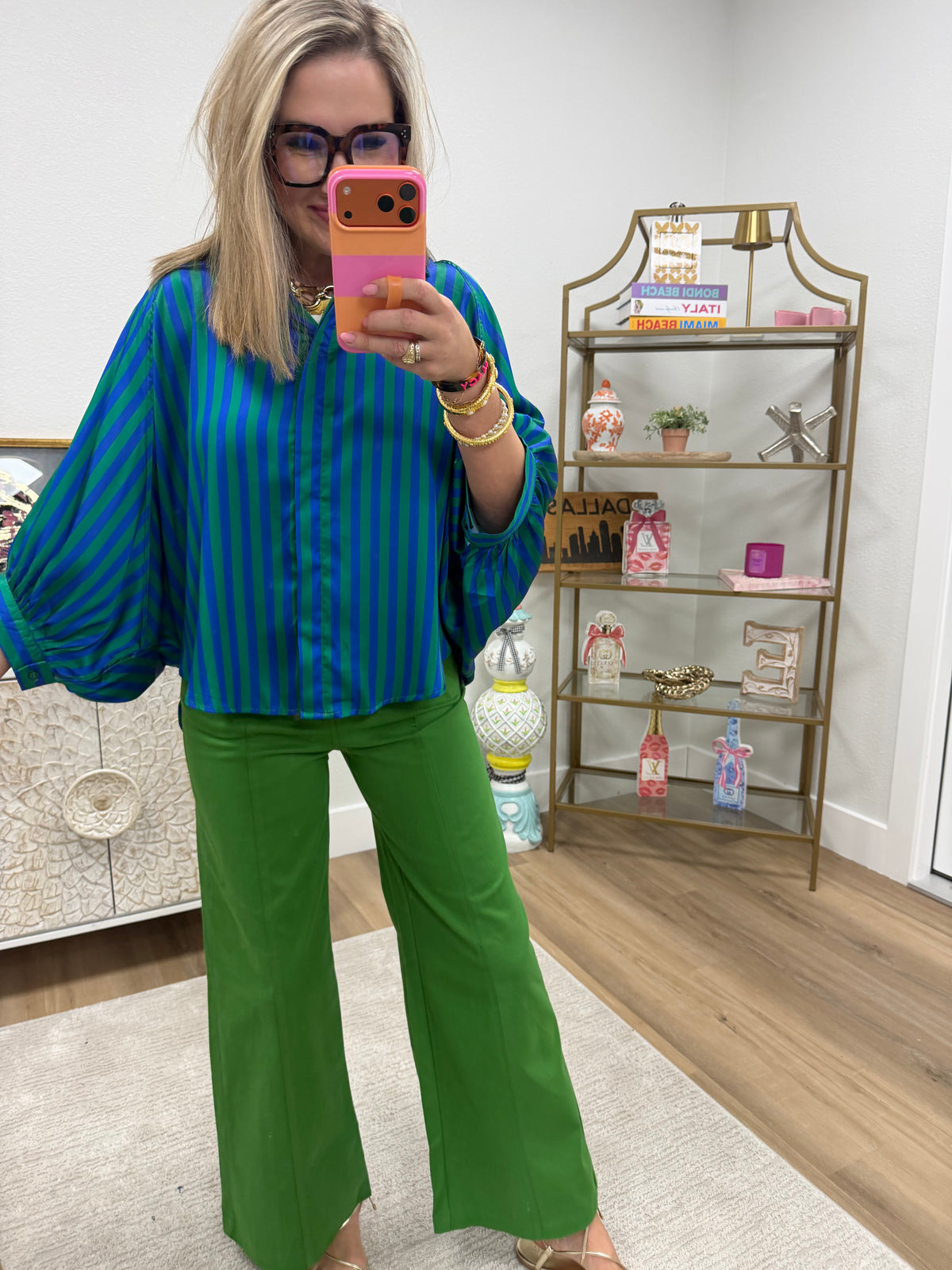 Green & Blue Stripe Oversized Shirt With Balloon Dolman Sleeve