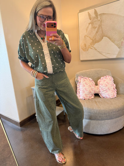 Olive Ruffle Neck Polka Dot Top