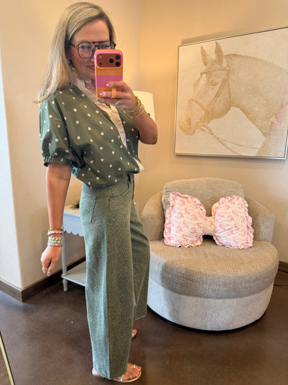 Olive Ruffle Neck Polka Dot Top