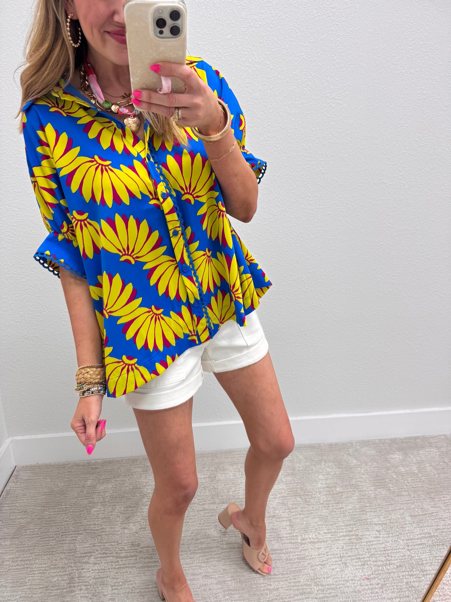 Blue and Yellow Printed Dolman Sleeve Top