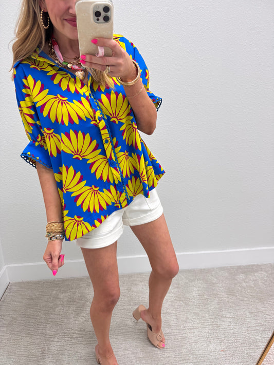 Blue and Yellow Printed Dolman Sleeve Top