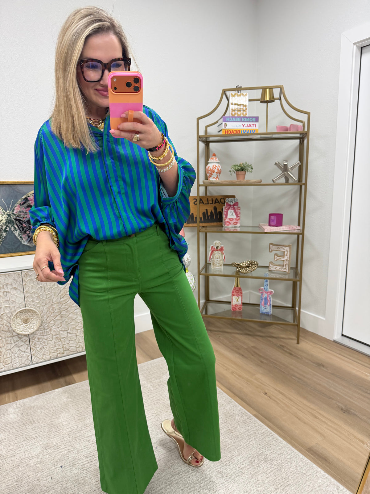 Green & Blue Stripe Oversized Shirt With Balloon Dolman Sleeve