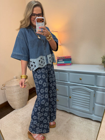 Denim Floral Wide Leg Pants