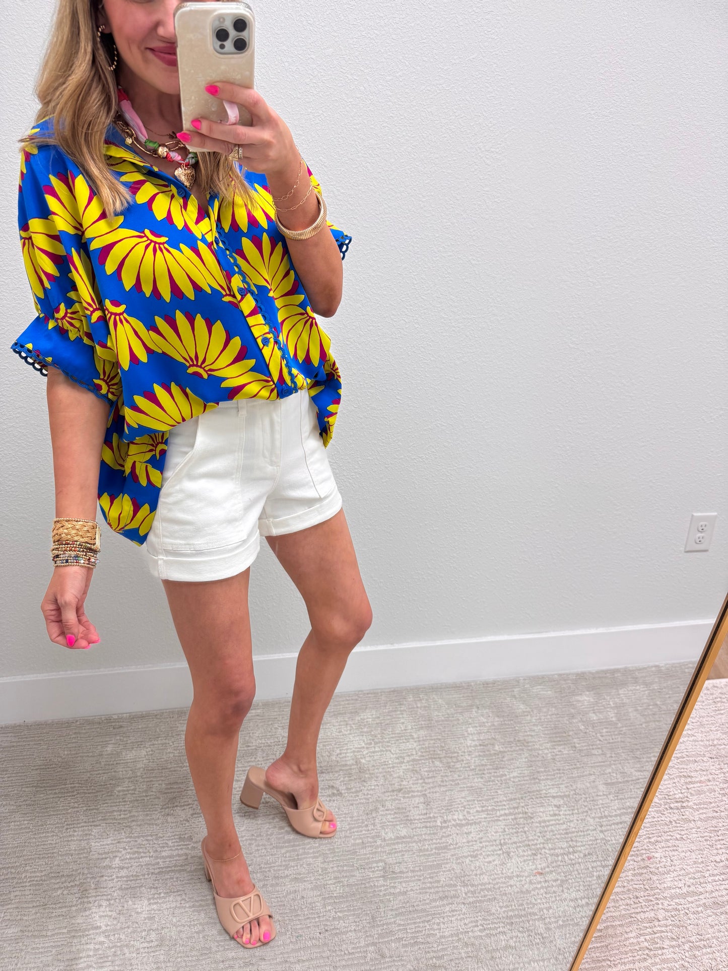 Blue and Yellow Printed Dolman Sleeve Top