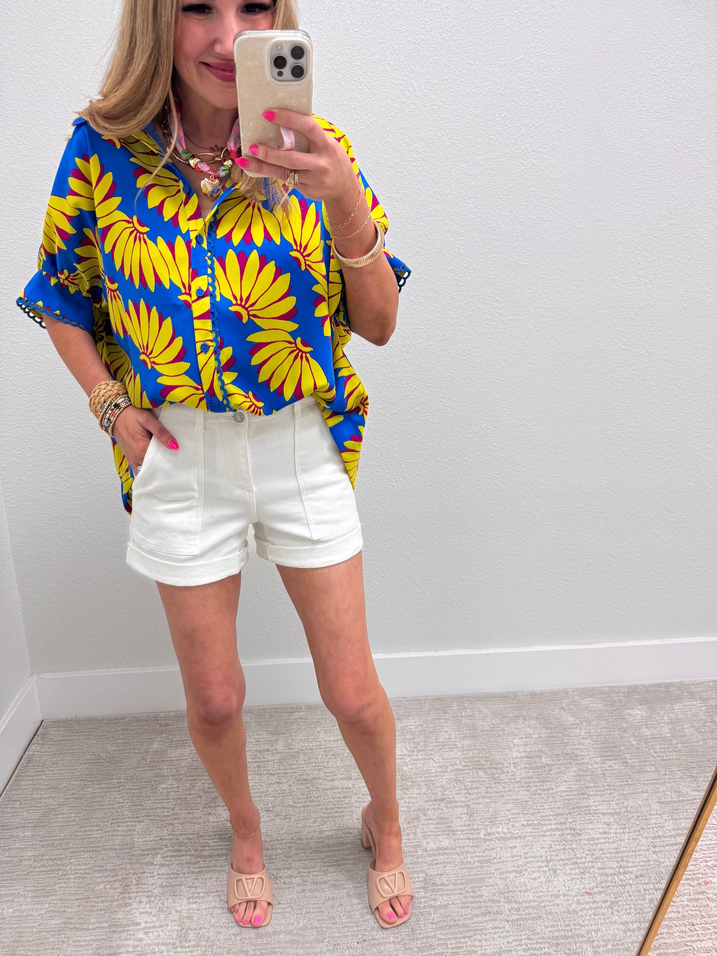 Blue and Yellow Printed Dolman Sleeve Top